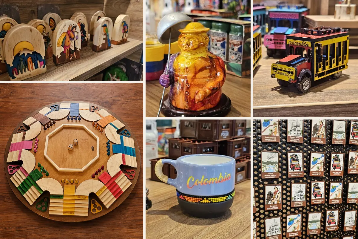 Mosaico de regalos corporativos personalizados en Colombia: artesanías, juego de parqués, mug, chiva e imanes