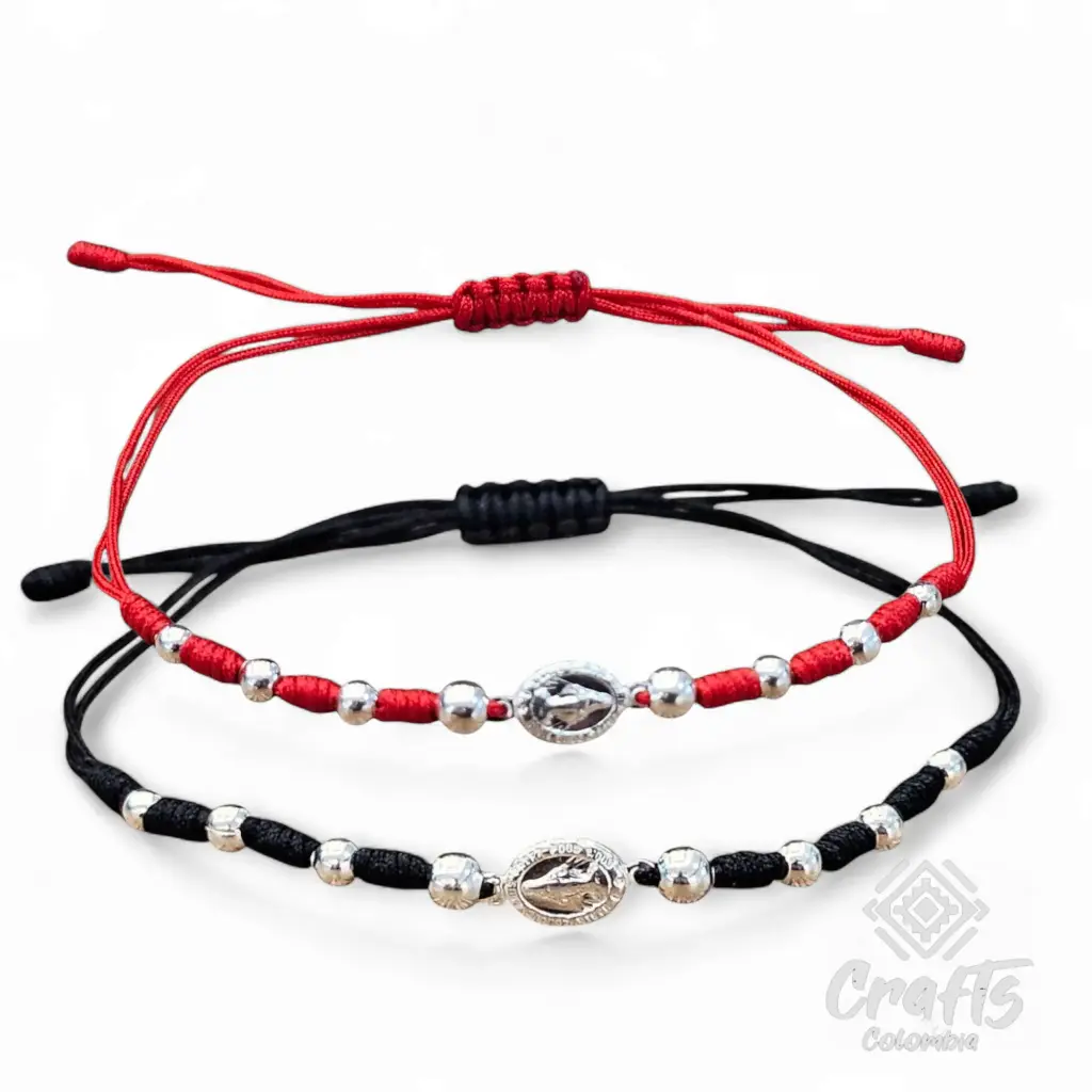 Dos Pulseras Manilla Virgen Milagrosa Hilo Rojo e Hilo Negro Plata 925 