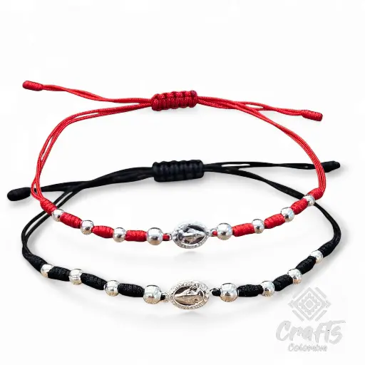 Dos Pulseras Manilla Virgen Milagrosa Hilo Rojo e Hilo Negro Plata 925 